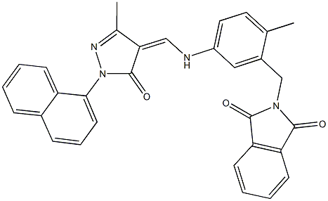 2-[2-methyl-5-({[3-methyl-1-(1-naphthyl)-5-oxo-1,5-dihydro-4H-pyrazol-4-ylidene]methyl}amino)benzyl]-1H-isoindole-1,3(2H)-dione Struktur