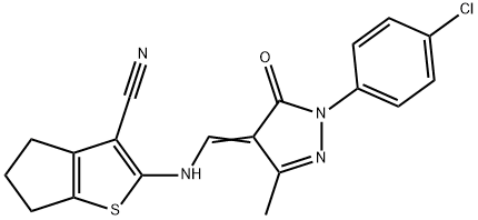 2-({[1-(4-chlorophenyl)-3-methyl-5-oxo-1,5-dihydro-4H-pyrazol-4-ylidene]methyl}amino)-5,6-dihydro-4H-cyclopenta[b]thiophene-3-carbonitrile Struktur