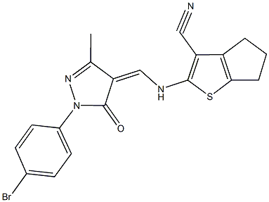 2-({[1-(4-bromophenyl)-3-methyl-5-oxo-1,5-dihydro-4H-pyrazol-4-ylidene]methyl}amino)-5,6-dihydro-4H-cyclopenta[b]thiophene-3-carbonitrile Struktur