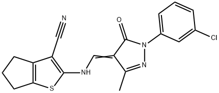 2-({[1-(3-chlorophenyl)-3-methyl-5-oxo-1,5-dihydro-4H-pyrazol-4-ylidene]methyl}amino)-5,6-dihydro-4H-cyclopenta[b]thiophene-3-carbonitrile Struktur