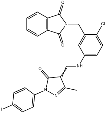 2-[2-chloro-5-({[1-(4-iodophenyl)-3-methyl-5-oxo-1,5-dihydro-4H-pyrazol-4-ylidene]methyl}amino)benzyl]-1H-isoindole-1,3(2H)-dione Struktur