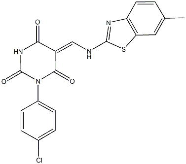 1-(4-chlorophenyl)-5-{[(6-methyl-1,3-benzothiazol-2-yl)amino]methylene}-2,4,6(1H,3H,5H)-pyrimidinetrione Struktur