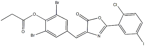 2,6-dibromo-4-[(2-(2-chloro-5-iodophenyl)-5-oxo-1,3-oxazol-4(5H)-ylidene)methyl]phenyl propionate Struktur