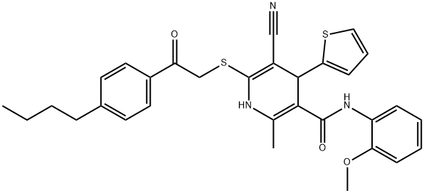 6-{[2-(4-butylphenyl)-2-oxoethyl]sulfanyl}-5-cyano-N-(2-methoxyphenyl)-2-methyl-4-(2-thienyl)-1,4-dihydro-3-pyridinecarboxamide Struktur