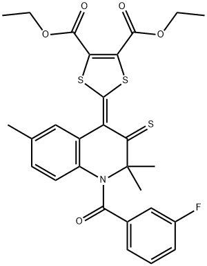 diethyl 2-(1-(3-fluorobenzoyl)-2,2,6-trimethyl-3-thioxo-2,3-dihydro-4(1H)-quinolinylidene)-1,3-dithiole-4,5-dicarboxylate Struktur