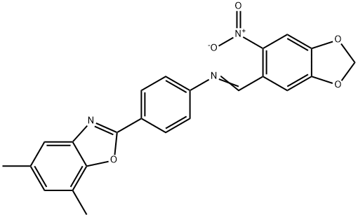 2-{4-[({6-nitro-1,3-benzodioxol-5-yl}methylene)amino]phenyl}-5,7-dimethyl-1,3-benzoxazole Struktur