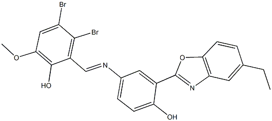 3,4-dibromo-2-({[3-(5-ethyl-1,3-benzoxazol-2-yl)-4-hydroxyphenyl]imino}methyl)-6-methoxyphenol Struktur