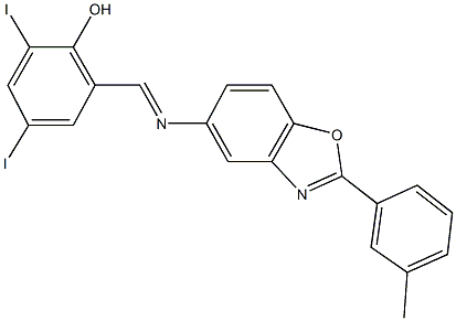 2,4-diiodo-6-({[2-(3-methylphenyl)-1,3-benzoxazol-5-yl]imino}methyl)phenol Struktur