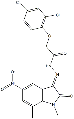 2-(2,4-dichlorophenoxy)-N'-{5-nitro-1,7-dimethyl-2-oxo-1,2-dihydro-3H-indol-3-ylidene}acetohydrazide Struktur