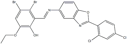 3,4-dibromo-2-({[2-(2,4-dichlorophenyl)-1,3-benzoxazol-5-yl]imino}methyl)-6-ethoxyphenol Struktur