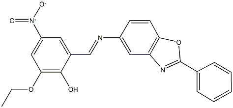 2-ethoxy-4-nitro-6-{[(2-phenyl-1,3-benzoxazol-5-yl)imino]methyl}phenol Struktur