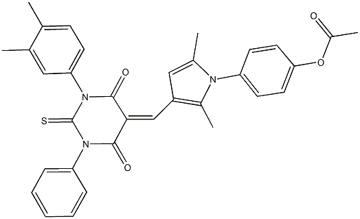 4-{3-[(1-(3,4-dimethylphenyl)-4,6-dioxo-3-phenyl-2-thioxotetrahydro-5(2H)-pyrimidinylidene)methyl]-2,5-dimethyl-1H-pyrrol-1-yl}phenyl acetate Struktur