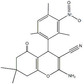 2-amino-4-{3-nitro-2,4,6-trimethylphenyl}-7,7-dimethyl-5-oxo-5,6,7,8-tetrahydro-4H-chromene-3-carbonitrile Struktur