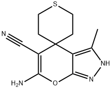 6-amino-5-cyano-3-methyl-2,4-dihydrospiro[pyrano[2,3-c]pyrazole-4,4'-(2'H)-thiopyran] Struktur