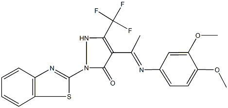 2-(1,3-benzothiazol-2-yl)-4-[N-(3,4-dimethoxyphenyl)ethanimidoyl]-5-(trifluoromethyl)-1,2-dihydro-3H-pyrazol-3-one Struktur