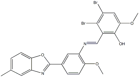 3,4-dibromo-6-methoxy-2-({[2-methoxy-5-(5-methyl-1,3-benzoxazol-2-yl)phenyl]imino}methyl)phenol Struktur