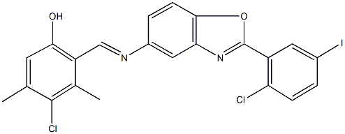 4-chloro-2-({[2-(2-chloro-5-iodophenyl)-1,3-benzoxazol-5-yl]imino}methyl)-3,5-dimethylphenol Struktur