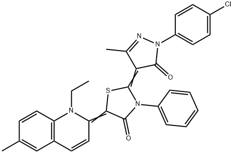 2-[1-(4-chlorophenyl)-3-methyl-5-oxo-1,5-dihydro-4H-pyrazol-4-ylidene]-5-(1-ethyl-6-methyl-2(1H)-quinolinylidene)-3-phenyl-1,3-thiazolidin-4-one Struktur