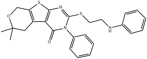 2-[(2-anilinoethyl)sulfanyl]-6,6-dimethyl-3-phenyl-3,5,6,8-tetrahydro-4H-pyrano[4',3':4,5]thieno[2,3-d]pyrimidin-4-one Struktur