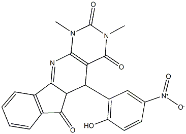 5-{2-hydroxy-5-nitrophenyl}-1,3-dimethyl-5,5a-dihydro-1H-indeno[2',1':5,6]pyrido[2,3-d]pyrimidine-2,4,6(3H)-trione Struktur