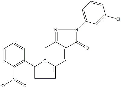 2-(3-chlorophenyl)-4-[(5-{2-nitrophenyl}-2-furyl)methylene]-5-methyl-2,4-dihydro-3H-pyrazol-3-one Struktur