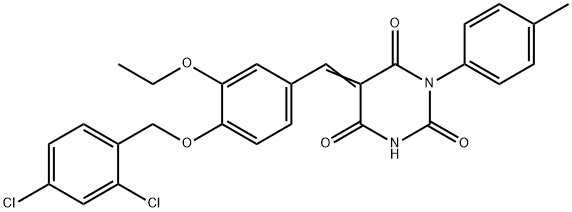 5-{4-[(2,4-dichlorobenzyl)oxy]-3-ethoxybenzylidene}-1-(4-methylphenyl)-2,4,6(1H,3H,5H)-pyrimidinetrione Struktur