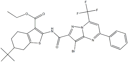 ethyl 2-({[3-bromo-5-phenyl-7-(trifluoromethyl)pyrazolo[1,5-a]pyrimidin-2-yl]carbonyl}amino)-6-tert-butyl-4,5,6,7-tetrahydro-1-benzothiophene-3-carboxylate Struktur