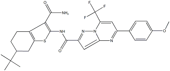 N-[3-(aminocarbonyl)-6-tert-butyl-4,5,6,7-tetrahydro-1-benzothien-2-yl]-5-(4-methoxyphenyl)-7-(trifluoromethyl)pyrazolo[1,5-a]pyrimidine-2-carboxamide Struktur