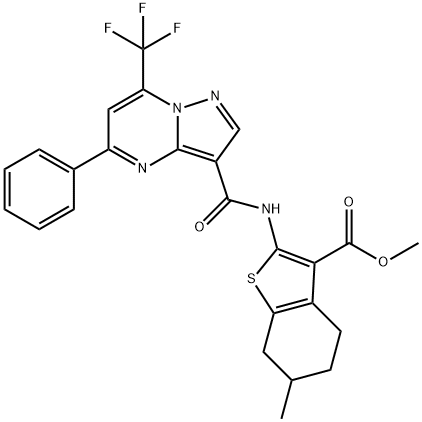 methyl 6-methyl-2-({[5-phenyl-7-(trifluoromethyl)pyrazolo[1,5-a]pyrimidin-3-yl]carbonyl}amino)-4,5,6,7-tetrahydro-1-benzothiophene-3-carboxylate Struktur