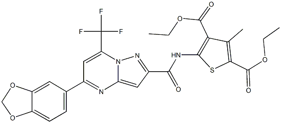 diethyl 5-({[5-(1,3-benzodioxol-5-yl)-7-(trifluoromethyl)pyrazolo[1,5-a]pyrimidin-2-yl]carbonyl}amino)-3-methyl-2,4-thiophenedicarboxylate Struktur