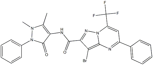 3-bromo-N-(1,5-dimethyl-3-oxo-2-phenyl-2,3-dihydro-1H-pyrazol-4-yl)-5-phenyl-7-(trifluoromethyl)pyrazolo[1,5-a]pyrimidine-2-carboxamide Struktur