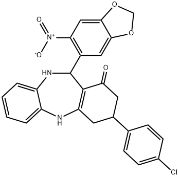 3-(4-chlorophenyl)-11-{6-nitro-1,3-benzodioxol-5-yl}-2,3,4,5,10,11-hexahydro-1H-dibenzo[b,e][1,4]diazepin-1-one Struktur