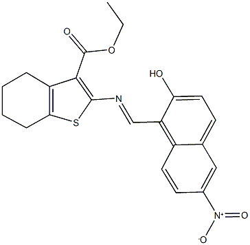 ethyl 2-[({2-hydroxy-6-nitro-1-naphthyl}methylene)amino]-4,5,6,7-tetrahydro-1-benzothiophene-3-carboxylate Struktur