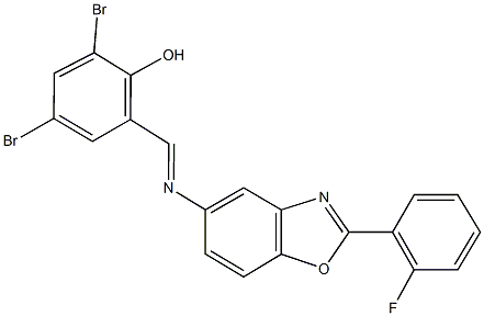 2,4-dibromo-6-({[2-(2-fluorophenyl)-1,3-benzoxazol-5-yl]imino}methyl)phenol Struktur