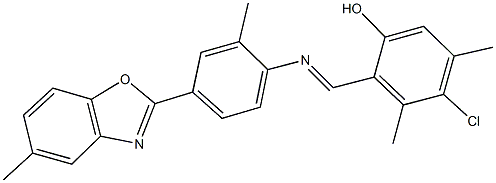 4-chloro-3,5-dimethyl-2-({[2-methyl-4-(5-methyl-1,3-benzoxazol-2-yl)phenyl]imino}methyl)phenol Struktur