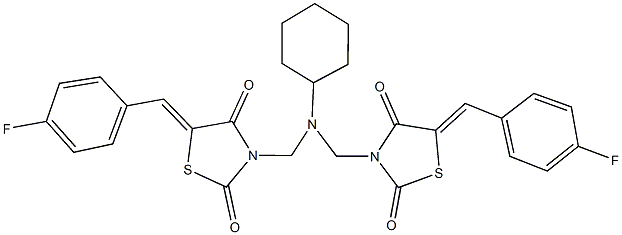 3-[(cyclohexyl{[5-(4-fluorobenzylidene)-2,4-dioxo-1,3-thiazolidin-3-yl]methyl}amino)methyl]-5-(4-fluorobenzylidene)-1,3-thiazolidine-2,4-dione Struktur