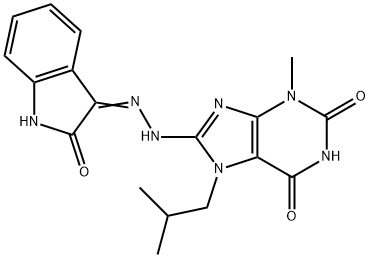 7-isobutyl-3-methyl-8-[2-(2-oxo-1,2-dihydro-3H-indol-3-ylidene)hydrazino]-3,7-dihydro-1H-purine-2,6-dione Struktur