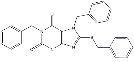 1,7-dibenzyl-8-(benzylsulfanyl)-3-methyl-3,7-dihydro-1H-purine-2,6-dione Struktur