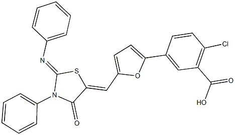 2-chloro-5-(5-{[4-oxo-3-phenyl-2-(phenylimino)-1,3-thiazolidin-5-ylidene]methyl}-2-furyl)benzoic acid Struktur