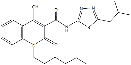 1-hexyl-4-hydroxy-N-(5-isobutyl-1,3,4-thiadiazol-2-yl)-2-oxo-1,2-dihydroquinoline-3-carboxamide Struktur