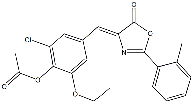 2-chloro-6-ethoxy-4-[(2-(2-methylphenyl)-5-oxo-1,3-oxazol-4(5H)-ylidene)methyl]phenyl acetate Struktur