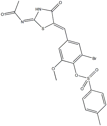 4-{[2-(acetylimino)-4-oxo-1,3-thiazolidin-5-ylidene]methyl}-2-bromo-6-methoxyphenyl 4-methylbenzenesulfonate Struktur