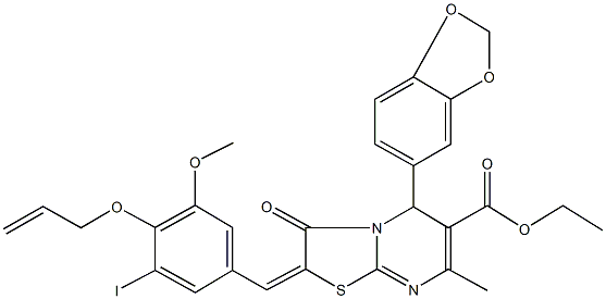 ethyl 2-[4-(allyloxy)-3-iodo-5-methoxybenzylidene]-5-(1,3-benzodioxol-5-yl)-7-methyl-3-oxo-2,3-dihydro-5H-[1,3]thiazolo[3,2-a]pyrimidine-6-carboxylate Struktur