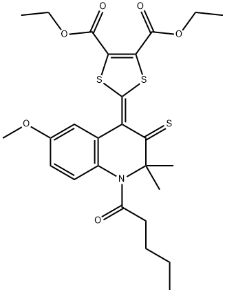 diethyl 2-(6-methoxy-2,2-dimethyl-1-pentanoyl-3-thioxo-2,3-dihydroquinolin-4(1H)-ylidene)-1,3-dithiole-4,5-dicarboxylate Struktur