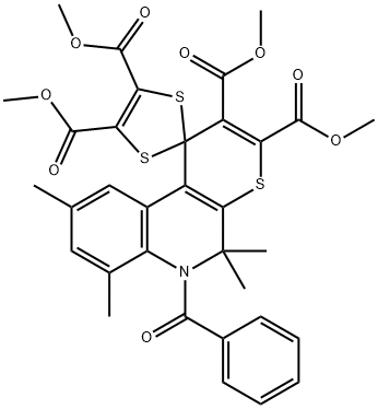 tetramethyl 6-(phenylcarbonyl)-5,5,7,9-tetramethyl-5,6-dihydro-spiro(1H-thiopyrano[2,3-c]quinoline-1,2'-[1,3]-dithiole)-2,3,4',5'-tetracarboxylate Struktur