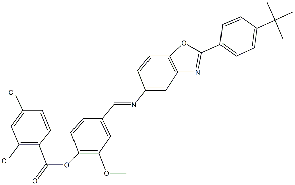 4-({[2-(4-tert-butylphenyl)-1,3-benzoxazol-5-yl]imino}methyl)-2-methoxyphenyl 2,4-dichlorobenzoate Struktur