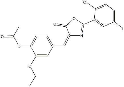 4-[(2-(2-chloro-5-iodophenyl)-5-oxo-1,3-oxazol-4(5H)-ylidene)methyl]-2-ethoxyphenyl acetate Struktur