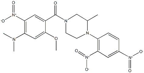 1-{2,4-bisnitrophenyl}-4-{4-(dimethylamino)-5-nitro-2-methoxybenzoyl}-2-methylpiperazine Struktur