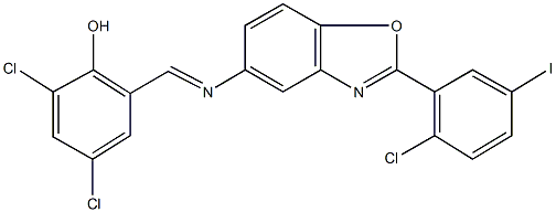 2,4-dichloro-6-({[2-(2-chloro-5-iodophenyl)-1,3-benzoxazol-5-yl]imino}methyl)phenol Struktur