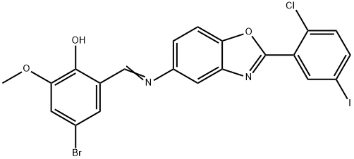 4-bromo-2-({[2-(2-chloro-5-iodophenyl)-1,3-benzoxazol-5-yl]imino}methyl)-6-methoxyphenol Struktur